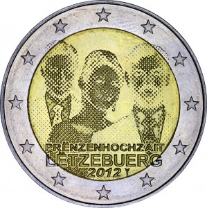 2 euro 2012 Luxembourg: Royal Wedding price, composition, diameter, thickness, mintage, orientation, video, authenticity, weight, Description