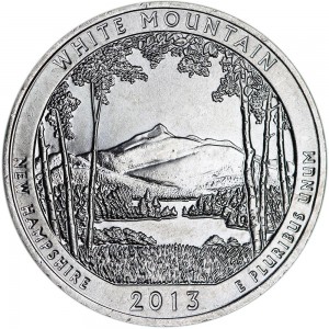 Quarter Dollar 2013 USA "White Mountain" 16th National Park, mint mark D price, composition, diameter, thickness, mintage, orientation, video, authenticity, weight, Description