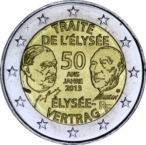 2 euro 2013 France Elysée Treaty price, composition, diameter, thickness, mintage, orientation, video, authenticity, weight, Description