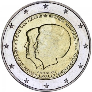 2 euro 2013 Netherlands Demise price, composition, diameter, thickness, mintage, orientation, video, authenticity, weight, Description