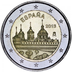 2 euro 2013 Spain El Escorial price, composition, diameter, thickness, mintage, orientation, video, authenticity, weight, Description