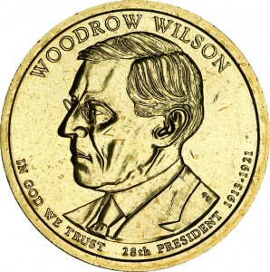 1 dollar 2013 USA, 28th President Woodrow Wilson mint D price, composition, diameter, thickness, mintage, orientation, video, authenticity, weight, Description