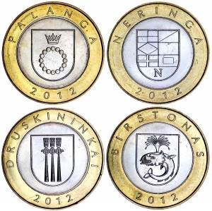 Set of 4 coins in 2012 in Lithuania, "Resorts of Lithuania" price, composition, diameter, thickness, mintage, orientation, video, authenticity, weight, Description