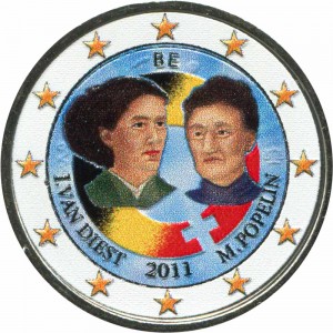 2 евро 2011 Бельгия, 100 лет Международному женскому дню, цветная цена, стоимость