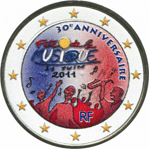 2 euro 2011 France World Music Day (30e ANNIVERSAIRE) colorized price, composition, diameter, thickness, mintage, orientation, video, authenticity, weight, Description