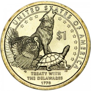 1 доллар 2013 США Сакагавея, Договор с Делаварами, двор D цена, стоимость