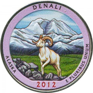 Quarter Dollar 2012 USA "Denali" 15th National Park, colorized price, composition, diameter, thickness, mintage, orientation, video, authenticity, weight, Description
