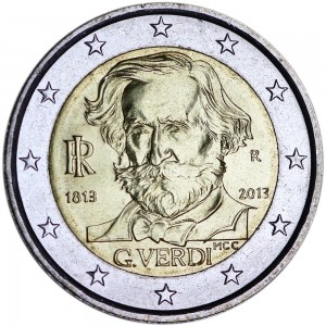 2 euro 2013 Italy Giuseppe Verdi price, composition, diameter, thickness, mintage, orientation, video, authenticity, weight, Description