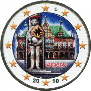 2 евро 2010, Германия, Городская ратуша Бремена, серия Федеральные земли Германии, цветная цена, стоимость
