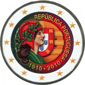 2 euro 2010, Portugal,  Portuguese Republic 1910-2010, color price, composition, diameter, thickness, mintage, orientation, video, authenticity, weight, Description