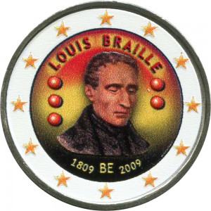 2 евро 2009, Бельгия, 200 лет со дня рождения Луи Брайля, цветная цена, стоимость
