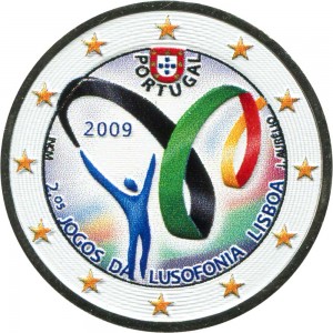 2 euro 2009, Portugal, Lusophony Games (2.os JOGOS DA LUSOFONIA LISBOA), color price, composition, diameter, thickness, mintage, orientation, video, authenticity, weight, Description