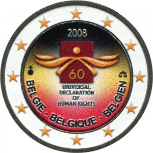 2 евро 2008, Бельгия, 60 лет Декларации прав человека, цветная цена, стоимость