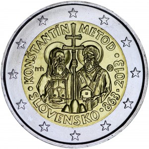 2 euro 2013 Slovakia Cyril and Methodius price, composition, diameter, thickness, mintage, orientation, video, authenticity, weight, Description
