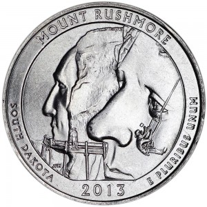 Quarter Dollar 2013 USA Mount Rushmore 20th National Park, mint mark P price, composition, diameter, thickness, mintage, orientation, video, authenticity, weight, Description