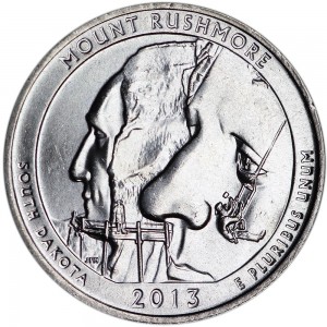 Quarter Dollar 2013 USA Mount Rushmore 20th National Park, mint mark D price, composition, diameter, thickness, mintage, orientation, video, authenticity, weight, Description