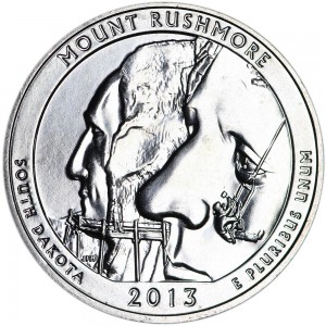 Quarter Dollar 2013 USA Mount Rushmore 20th National Park, mint mark S price, composition, diameter, thickness, mintage, orientation, video, authenticity, weight, Description