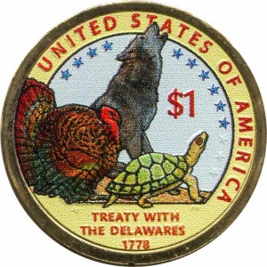 1 dollar 2013 USA Native American Sacagawea, Treaty with the Delawares, colorized price, composition, diameter, thickness, mintage, orientation, video, authenticity, weight, Description