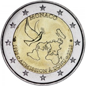 2 euro 2013 Monaco, 20 years since the UN price, composition, diameter, thickness, mintage, orientation, video, authenticity, weight, Description