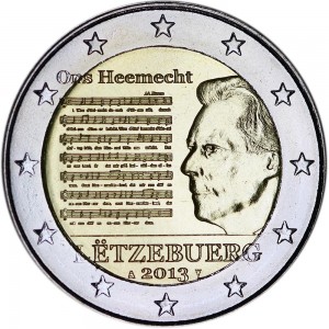 2 euro 2013 Luxembourg The National Anthem price, composition, diameter, thickness, mintage, orientation, video, authenticity, weight, Description