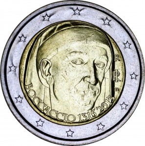 2 euro 2013 Italy Giovanni Boccaccio price, composition, diameter, thickness, mintage, orientation, video, authenticity, weight, Description