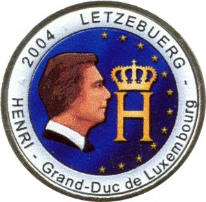 2 евро 2004, Люксембург, Портрет и монограмма герцога Люксембурга Анри Нассау цветная цена, стоимость