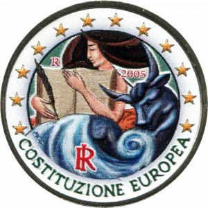 2 евро 2005, Италия, Годовщина подписания Конституции Европейского союза цветная цена, стоимость