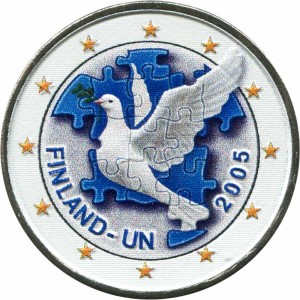 2 евро 2005, Финляндия, 60 лет образования ООН, 50 лет членства Финляндии в ООН цветная цена, стоимость