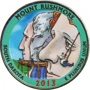 Quarter Dollar 2013 USA Mount Rushmore 20th National Park, colorized price, composition, diameter, thickness, mintage, orientation, video, authenticity, weight, Description