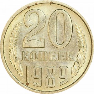 20 kopecks 1989 USSR from circulation price, composition, diameter, thickness, mintage, orientation, video, authenticity, weight, Description