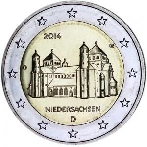 2 euro 2014 Germany Lower Saxony (Church of St. Michael in Hildesheim), mint mark G price, composition, diameter, thickness, mintage, orientation, video, authenticity, weight, Description