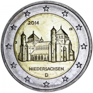 2 euro 2014 Germany Lower Saxony (Church of St. Michael in Hildesheim), mint mark J price, composition, diameter, thickness, mintage, orientation, video, authenticity, weight, Description