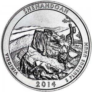 Quarter Dollar 2014 USA Shenandoah 22th National Park, mint mark S price, composition, diameter, thickness, mintage, orientation, video, authenticity, weight, Description