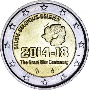 2 евро 2014 Бельгия 100 лет с начала Первой мировой войны цена, стоимость