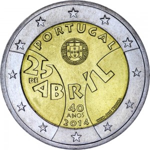 2 euro 2014 Portugal 40th Anniversary of the Carnation Revolution price, composition, diameter, thickness, mintage, orientation, video, authenticity, weight, Description