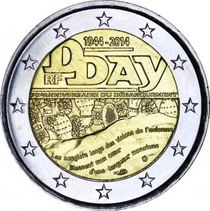 2 euro 2014 France 70th Anniversary of the Normandy landing price, composition, diameter, thickness, mintage, orientation, video, authenticity, weight, Description
