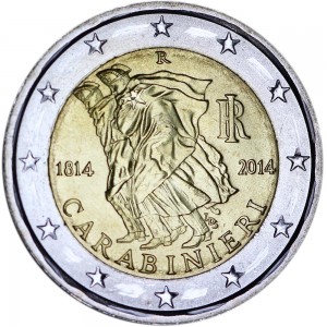 2 euro 2014 Italy 200th Anniversary of the Carabinieri price, composition, diameter, thickness, mintage, orientation, video, authenticity, weight, Description