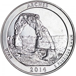 Quarter Dollar 2014 USA Arches 23th National Park, mint mark D price, composition, diameter, thickness, mintage, orientation, video, authenticity, weight, Description