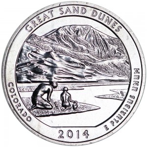 Quarter Dollar 2014 USA Great Sand Dunes 24th National Park, mint mark S price, composition, diameter, thickness, mintage, orientation, video, authenticity, weight, Description