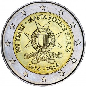 2 евро 2014 Мальта, 200 лет Полиции Мальты цена, стоимость