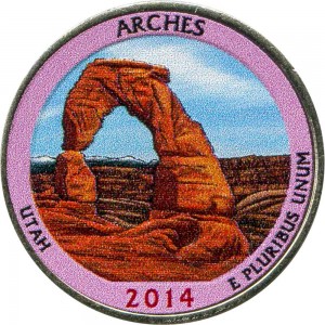 Quarter Dollar 2014 USA Arches 23th National Park, colored price, composition, diameter, thickness, mintage, orientation, video, authenticity, weight, Description
