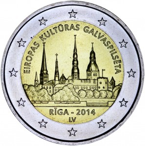 2 euro 2014 Latvia, Riga price, composition, diameter, thickness, mintage, orientation, video, authenticity, weight, Description