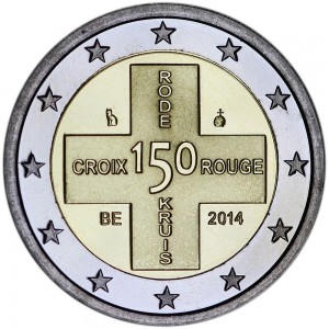 2 евро 2014 Бельгия, 150 лет Бельгийскому Красному кресту цена, стоимость