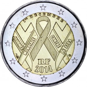 2 euro 2014 France. World AIDS Day price, composition, diameter, thickness, mintage, orientation, video, authenticity, weight, Description