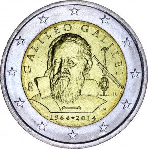 2 euro 2014 Italy. Galileo Galilei price, composition, diameter, thickness, mintage, orientation, video, authenticity, weight, Description