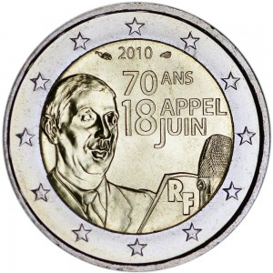 2 euro 2010 France 70th anniversary of the Appeal of June 18 price, composition, diameter, thickness, mintage, orientation, video, authenticity, weight, Description