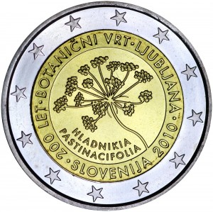 2 евро 2010, Словения, 200 лет Ботаническому саду в Любляне цена, стоимость