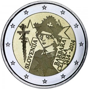 2 euro 2014 Slovenia 600th Anniversary of the Coronation of Barbara of Celje price, composition, diameter, thickness, mintage, orientation, video, authenticity, weight, Description