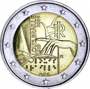 2 euro 2009, Italy, Louis Braille price, composition, diameter, thickness, mintage, orientation, video, authenticity, weight, Description