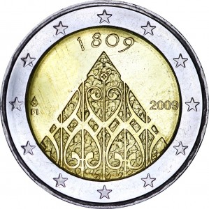 2 евро 2009, Финляндия, 200 лет автономии Финляндии цена, стоимость